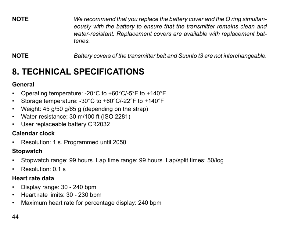 Technical specifications | SUUNTO t3 User Manual | Page 46 / 51