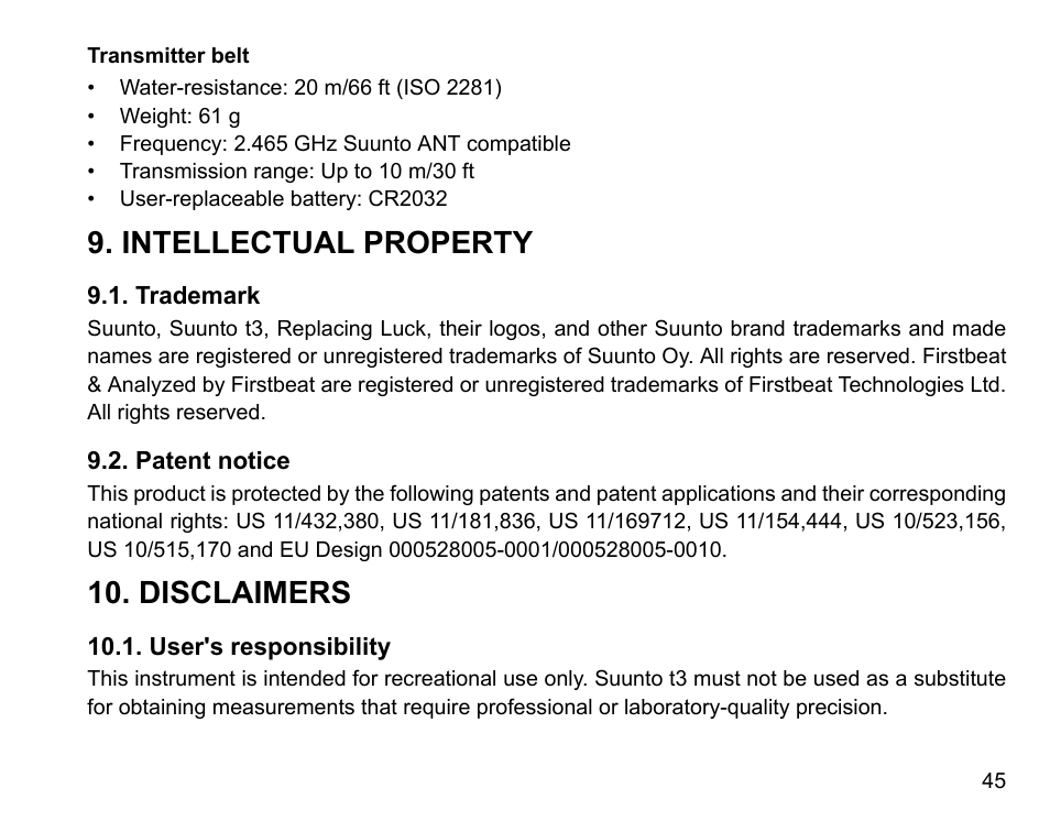 Intellectual property, Trademark, Patent notice | Disclaimers, User's responsibility | SUUNTO t3 User Manual | Page 47 / 51