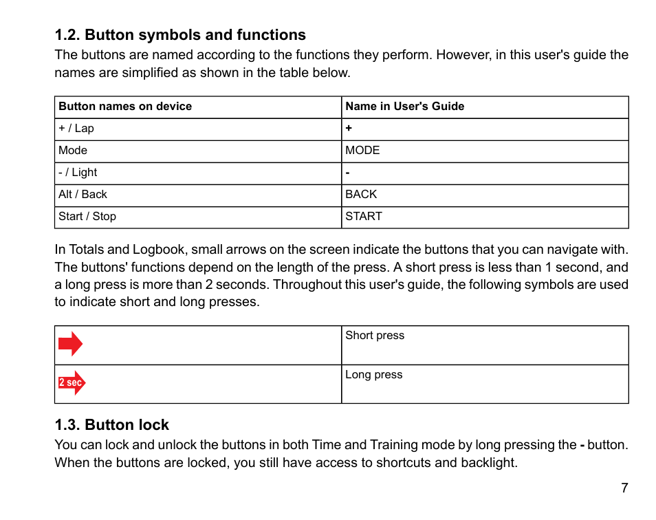 Button symbols and functions, Button lock, 7 1.3. button lock | SUUNTO t3 User Manual | Page 9 / 51
