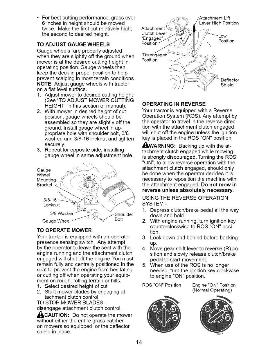 To adjust gauge wheels, To operate mower, Operating in reverse | Craftsman 917.274810 User Manual | Page 14 / 56