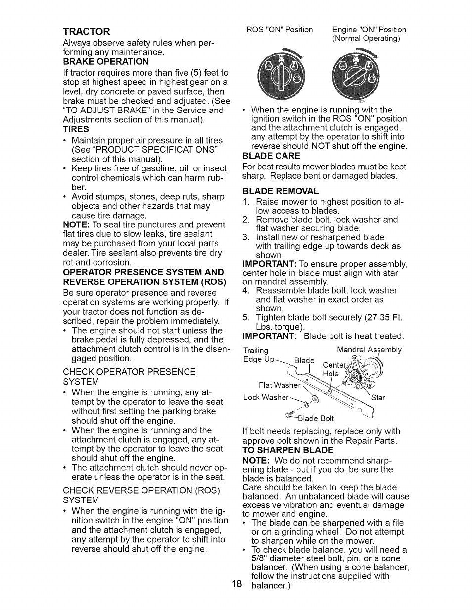 Tractor, Blade care, Blade removal | Craftsman 917.274810 User Manual | Page 18 / 56