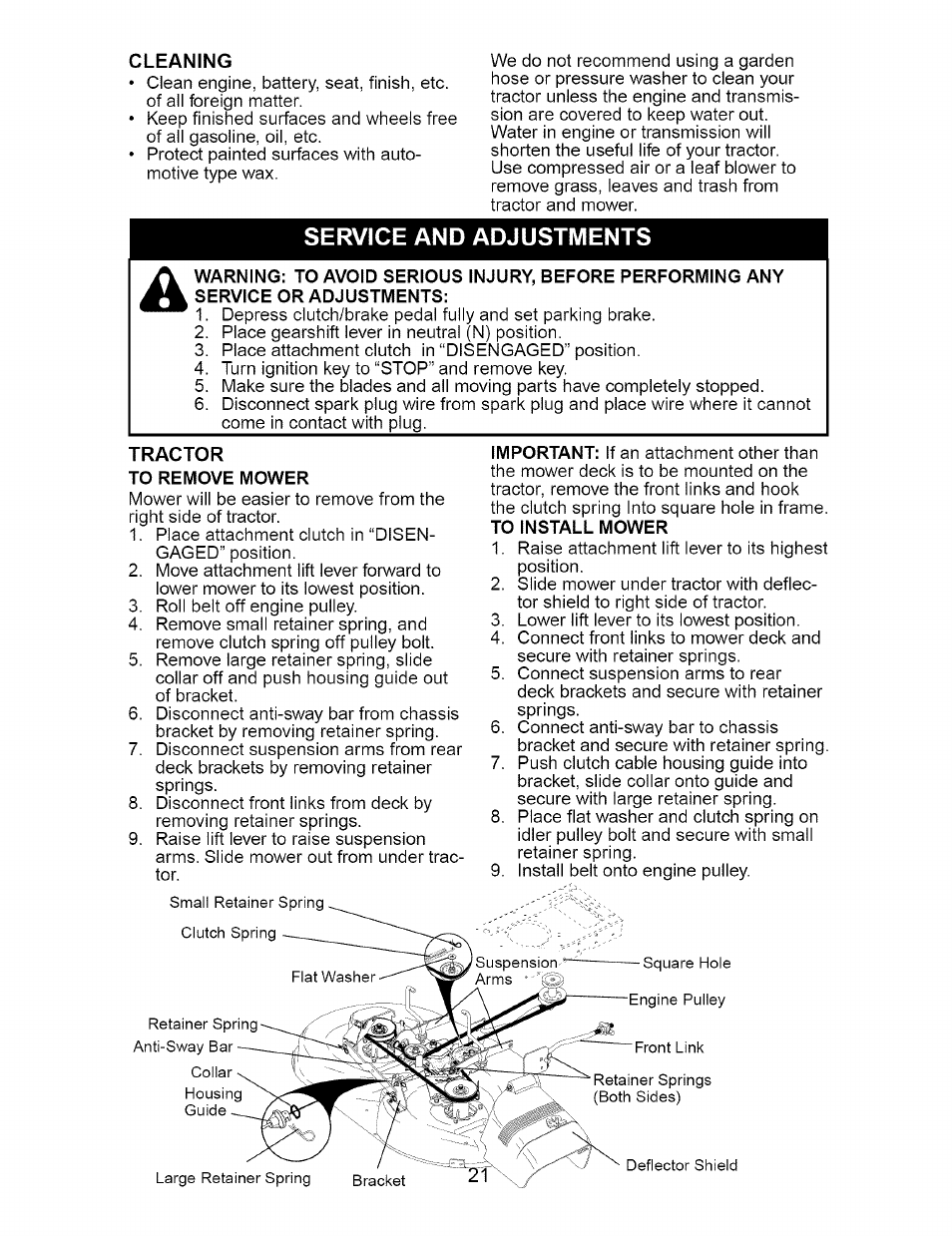 Cleaning, Service and adjustments, Tractor | To remove mower | Craftsman 917.274810 User Manual | Page 21 / 56