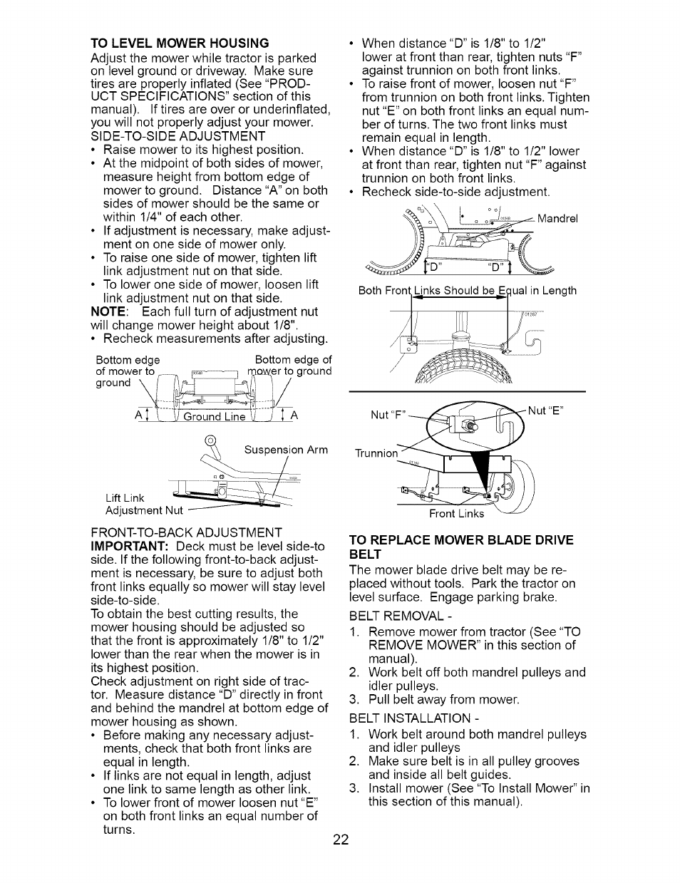 To level mower housing, To replace mower blade drive, Belt | Craftsman 917.274810 User Manual | Page 22 / 56