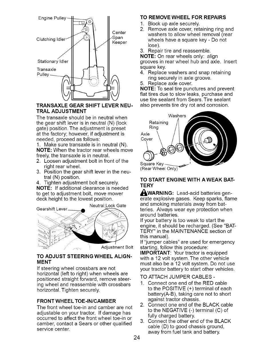 Transaxle gear shift lever neutral adjustment, To adjust steering wheel alignment, Front wheel toe-in/camber | To remove wheel for repairs, To start engine with a weak battery | Craftsman 917.274810 User Manual | Page 24 / 56