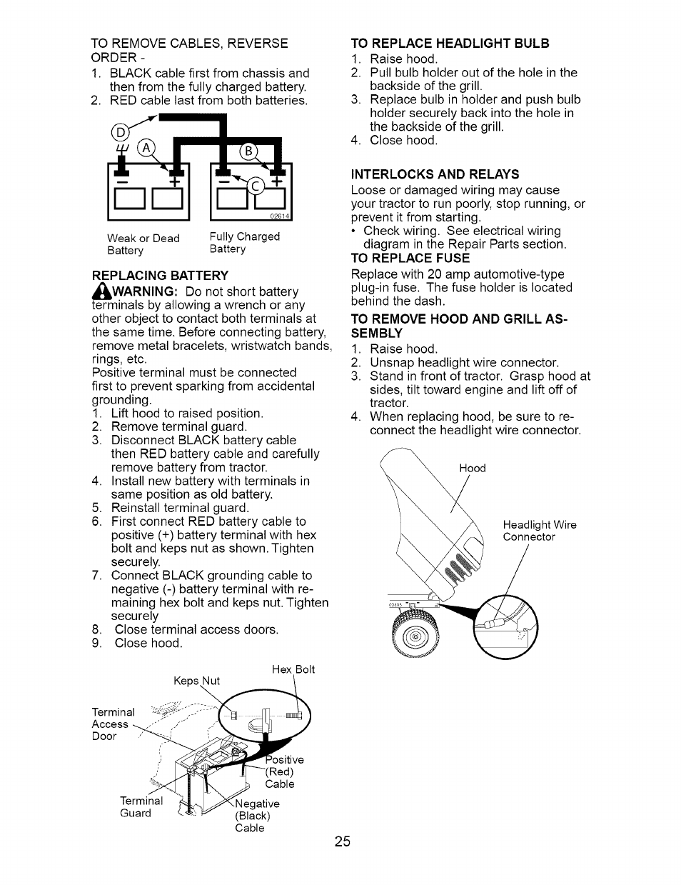 To replace headlight bulb, Interlocks and relays, To remove hood and grill assembly | Craftsman 917.274810 User Manual | Page 25 / 56