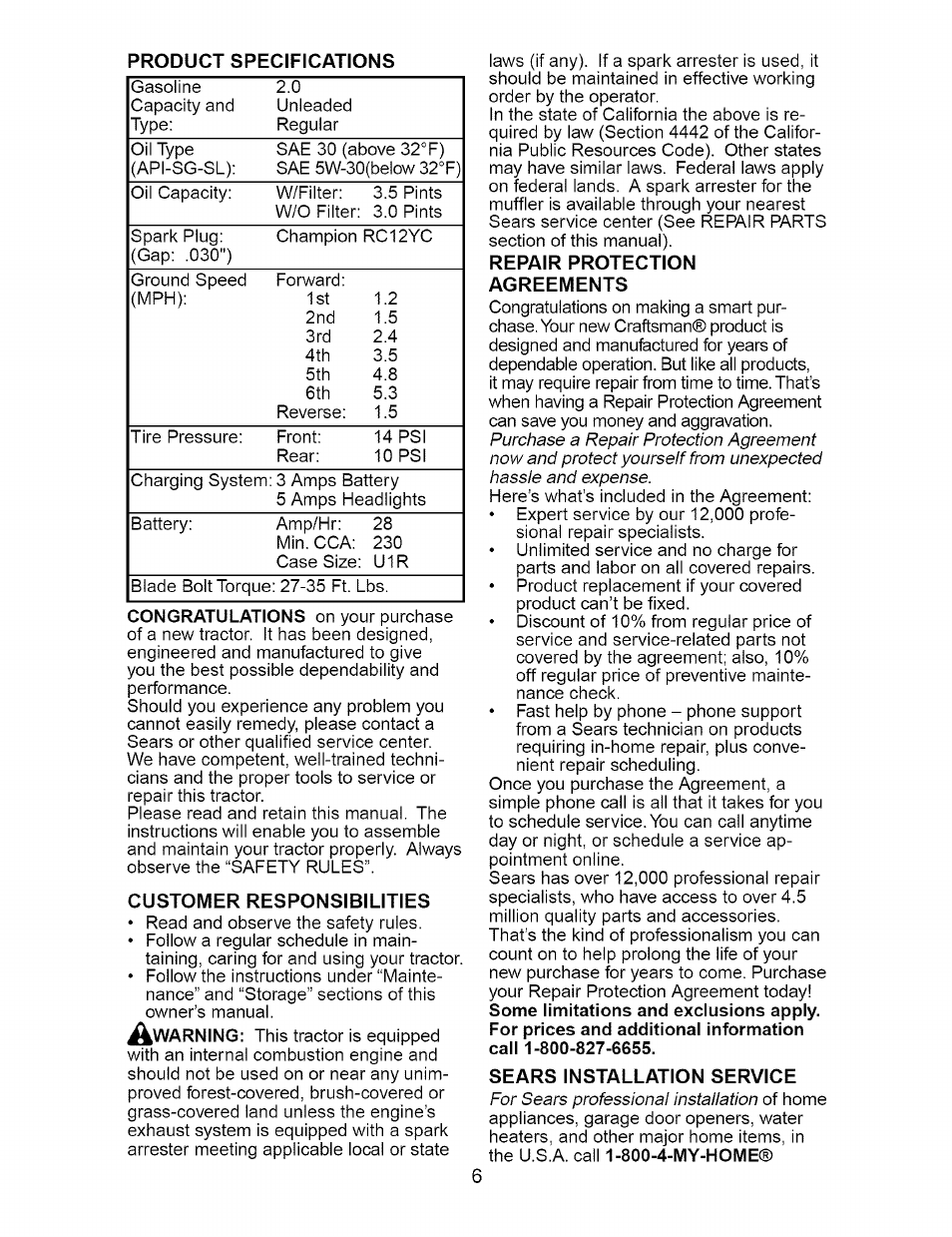 Customer responsibilities, Repair protection agreements, Sears installation service | Craftsman 917.274810 User Manual | Page 6 / 56