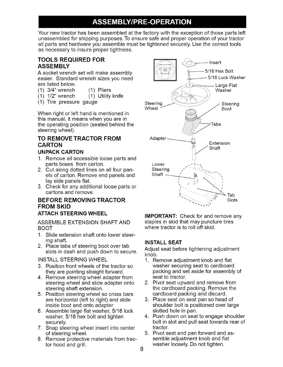 Tools required for assembly, To remove tractor from, Carton | Unpack carton, Before removing tractor from skid, Attach steering wheel, Install seat, Assembly/pre-operation | Craftsman 917.274810 User Manual | Page 8 / 56