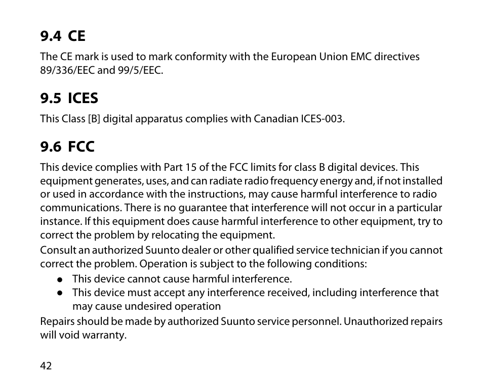 4 ce, 5 ices, 6 fcc | 42 9.5 ices, 42 9.6 fcc | SUUNTO T3C User Guide User Manual | Page 43 / 49