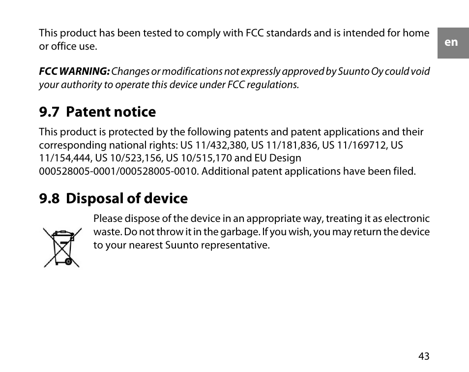 7 patent notice, 8 disposal of device, 43 9.8 disposal of device | SUUNTO T3C User Guide User Manual | Page 44 / 49