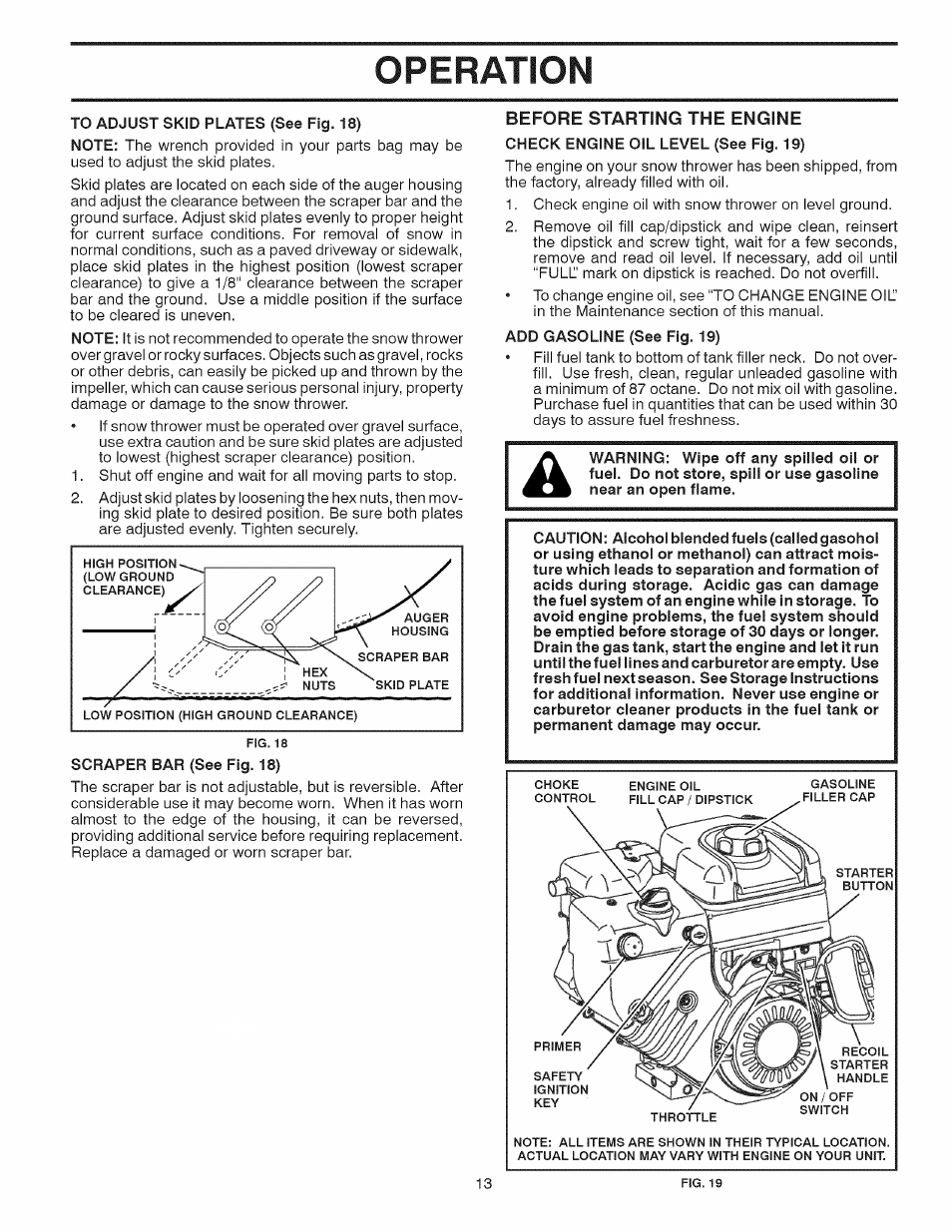 Before starting the engine, Check engine oil level (see fig. 19), Operation | Craftsman 944.528398 User Manual | Page 13 / 48