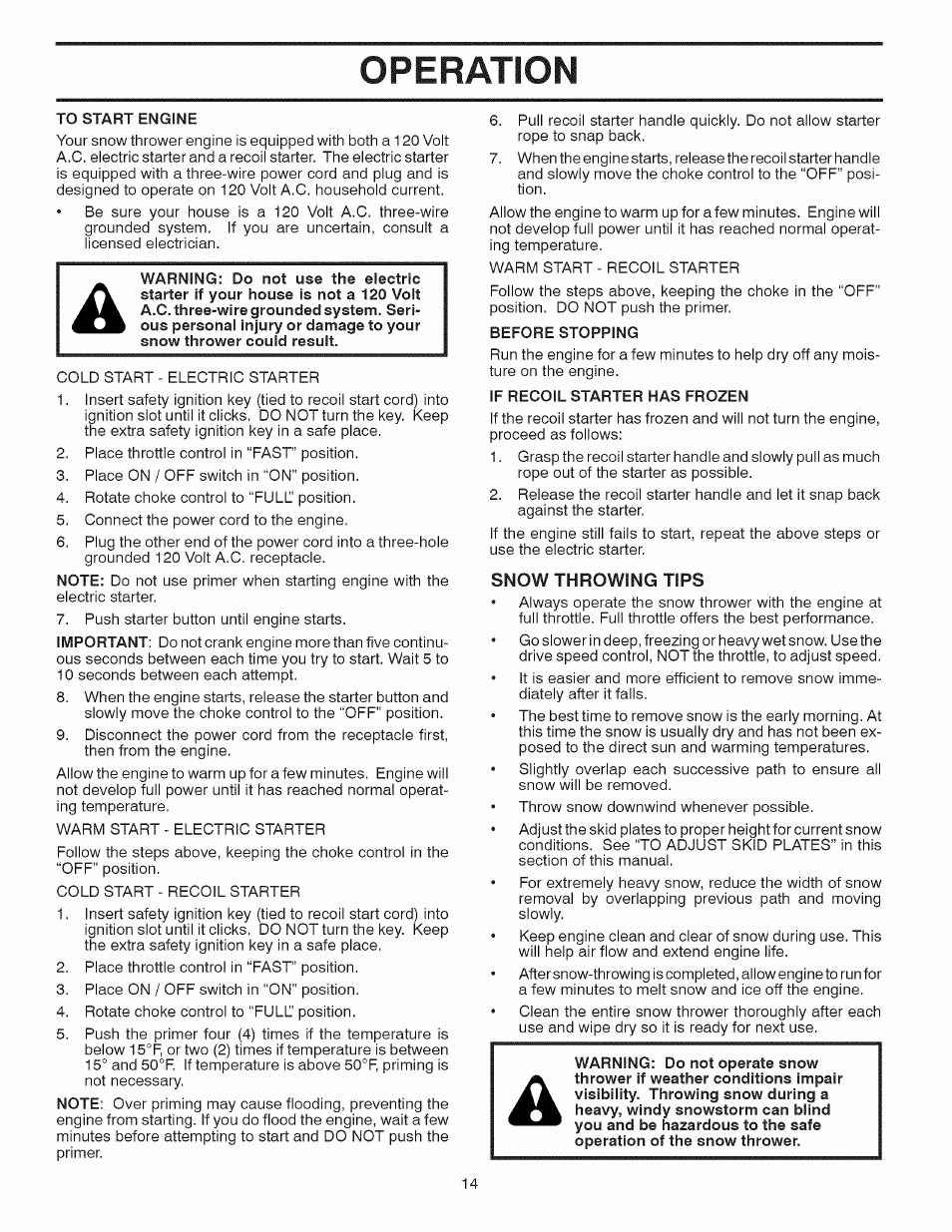 To start engine, Before stopping, If recoil starter has frozen | Snow throwing tips, Operation | Craftsman 944.528398 User Manual | Page 14 / 48