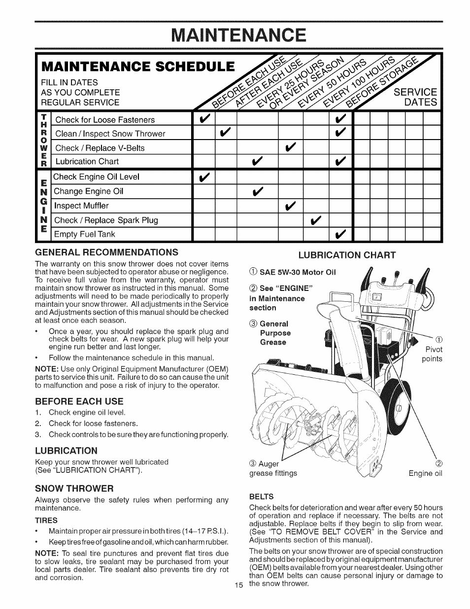 Maintenance, Before each use, Lubrication | Snow thrower, Tires, Lubrication chart, Belts, Maintenance schedule | Craftsman 944.528398 User Manual | Page 15 / 48