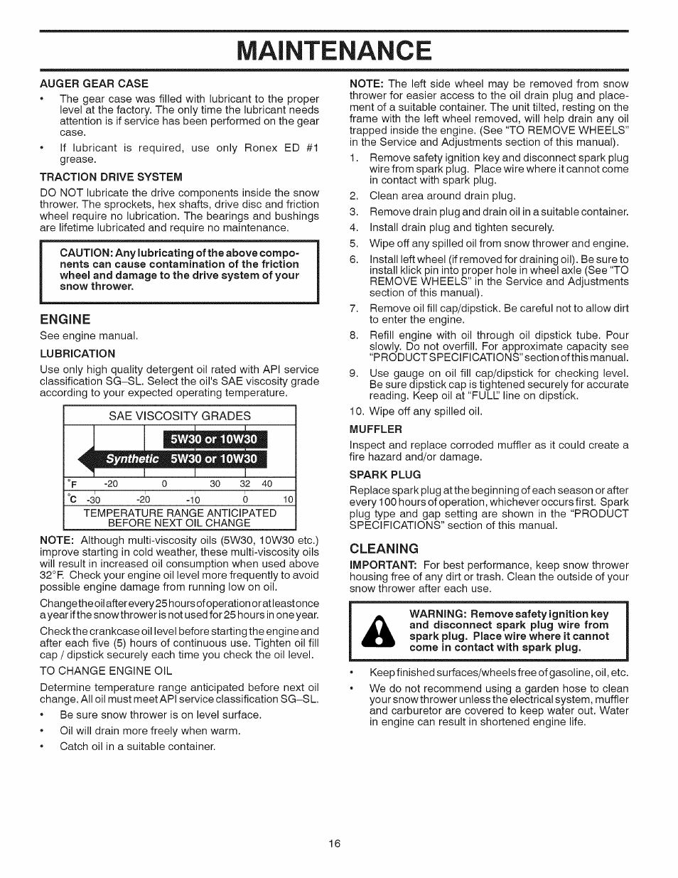 Maintenance, Auger gear case, Traction drive system | Engine, Lubrication, Muffler, Spark plug, Cleaning | Craftsman 944.528398 User Manual | Page 16 / 48