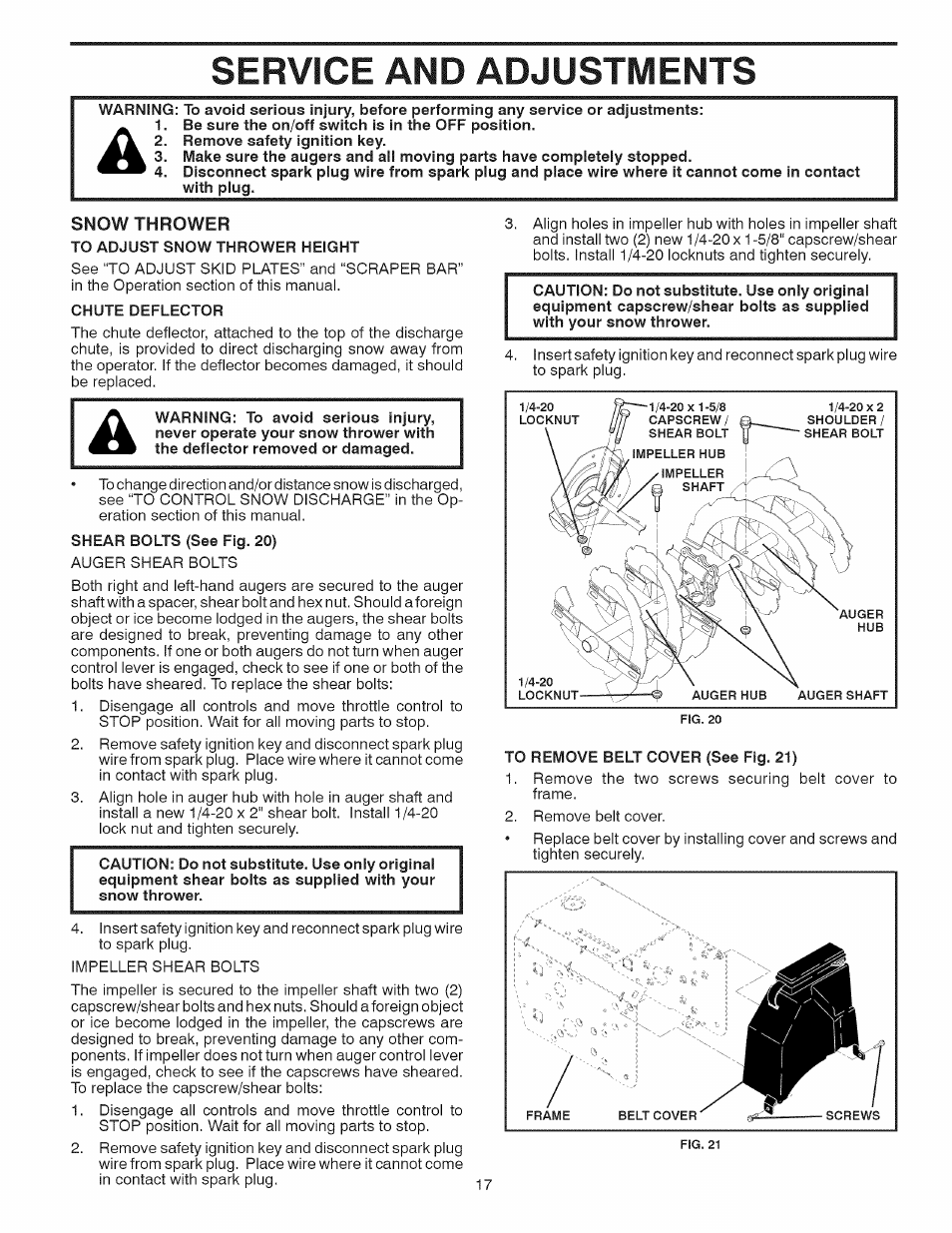 Snow thrower, Service and adjustments | Craftsman 944.528398 User Manual | Page 17 / 48