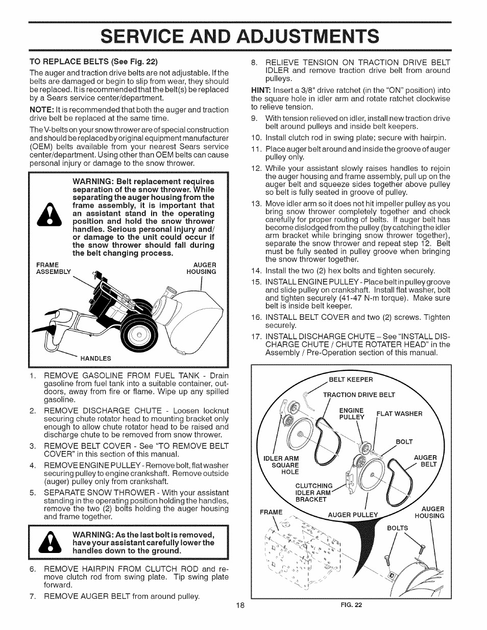 Service and adjustments | Craftsman 944.528398 User Manual | Page 18 / 48