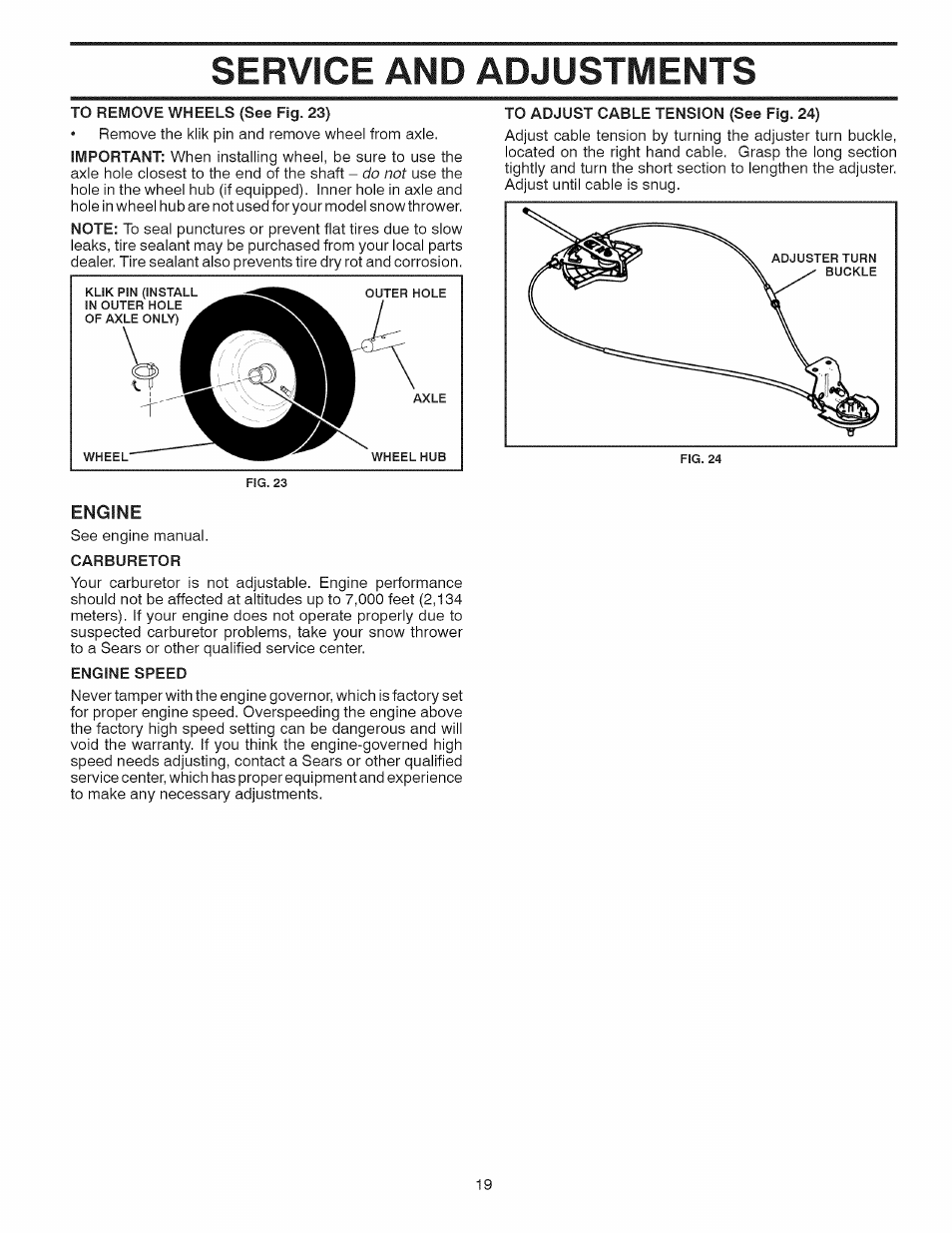 To remove wheels (see fig. 23), Engine, Carburetor | Engine speed, To adjust cable tension (see fig. 24), Service and adjustments | Craftsman 944.528398 User Manual | Page 19 / 48