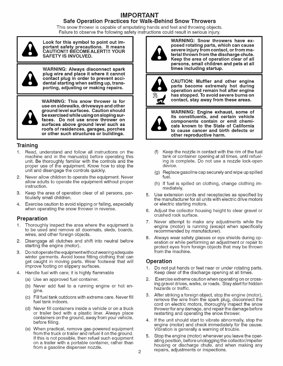 Training, Preparation, Operation | Important | Craftsman 944.528398 User Manual | Page 2 / 48