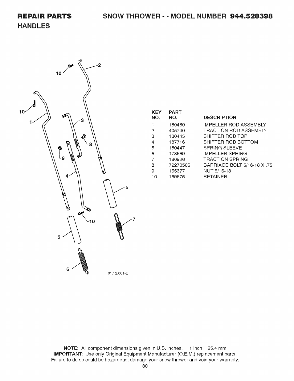 Key part, No. no. description | Craftsman 944.528398 User Manual | Page 30 / 48
