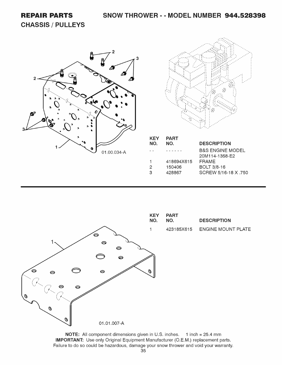 Key part no. no, Description | Craftsman 944.528398 User Manual | Page 35 / 48