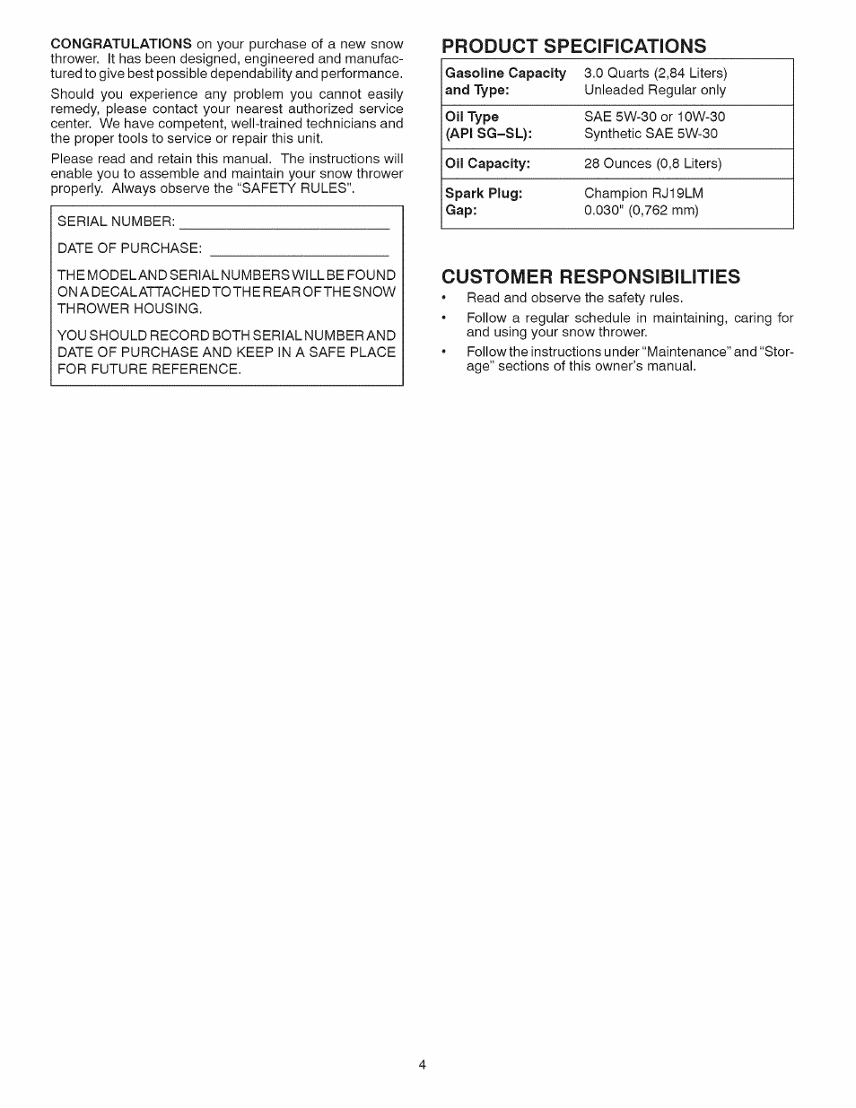 Product specifications, Customer responsibilities | Craftsman 944.528398 User Manual | Page 4 / 48