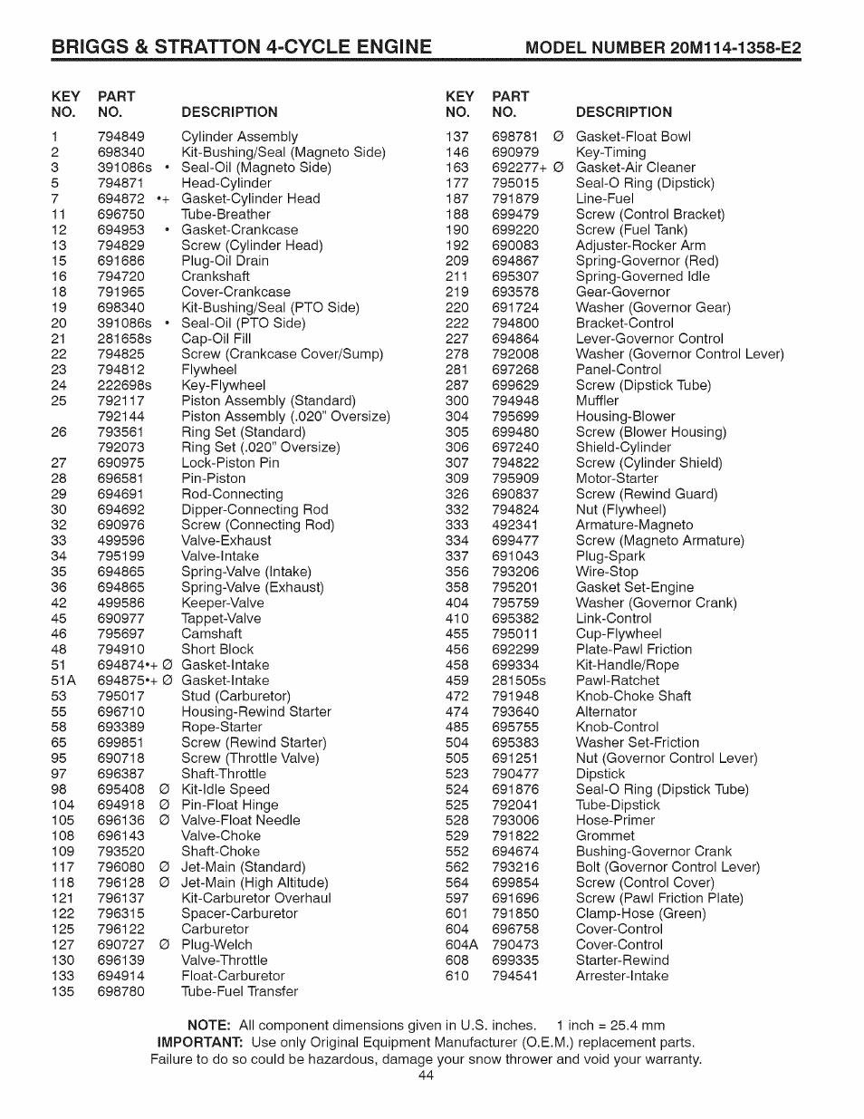 Briggs & stratton 4-cycle engine | Craftsman 944.528398 User Manual | Page 44 / 48