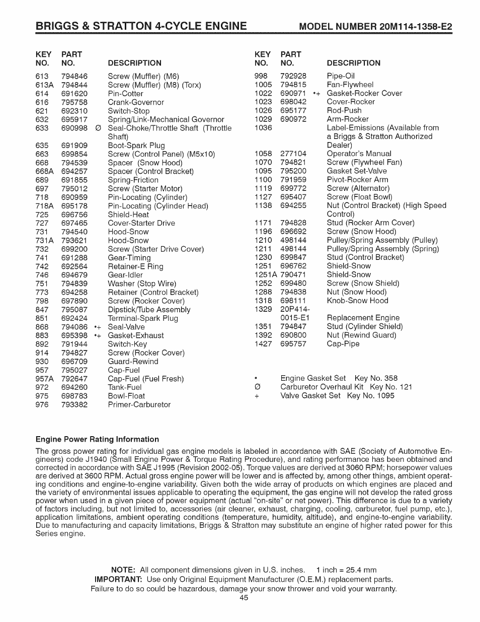 Engine power rating information, Briggs & stratton 4-cycle engine | Craftsman 944.528398 User Manual | Page 45 / 48