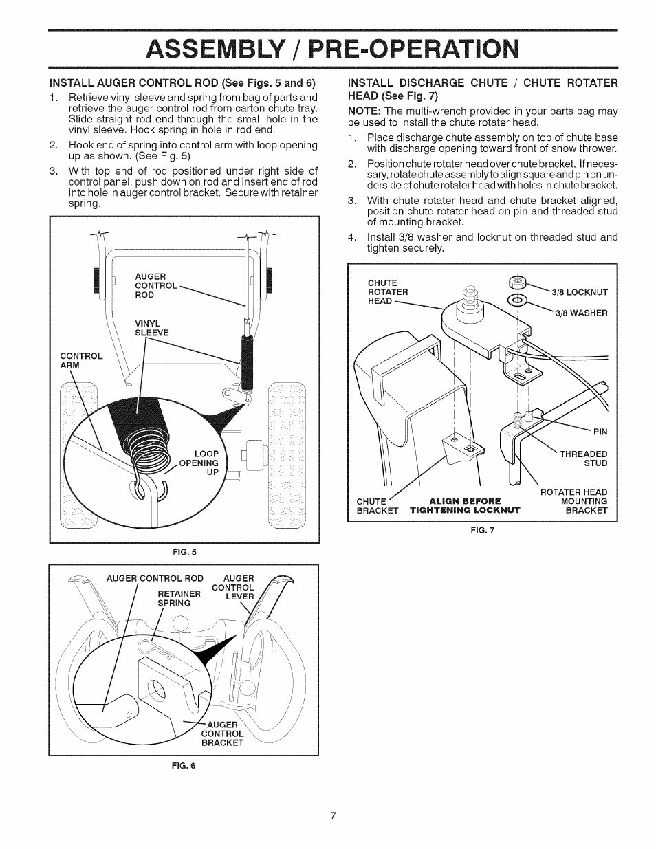 Install discharge chute / chute rotater, Assembly / pre-operation | Craftsman 944.528398 User Manual | Page 7 / 48