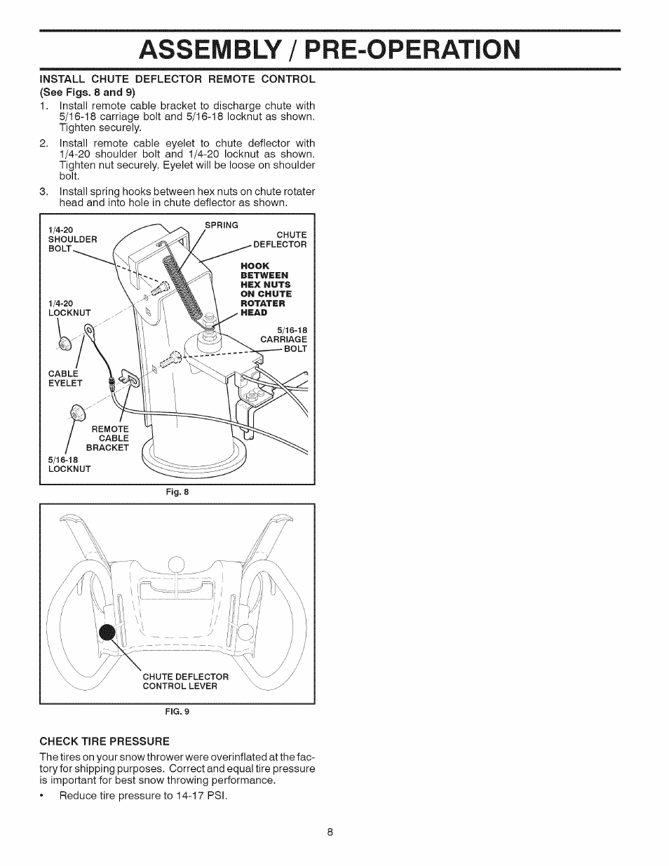 Install chute deflector remote control, Check tire pressure, Assembly / pre-operation | Craftsman 944.528398 User Manual | Page 8 / 48