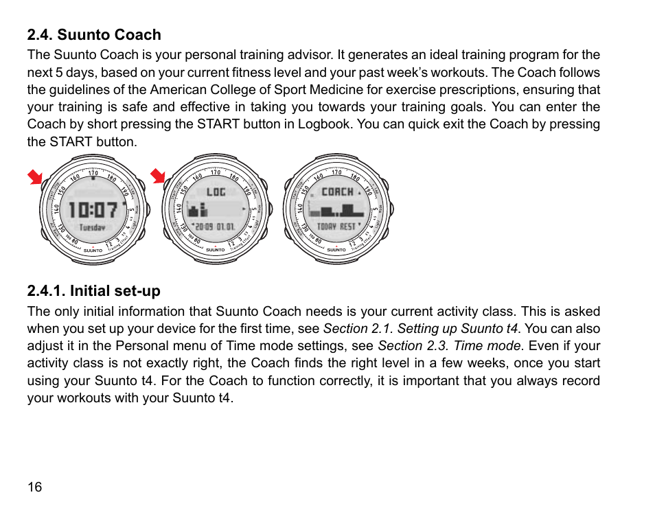 Suunto coach, Initial set-up | SUUNTO t4 User Manual | Page 18 / 56