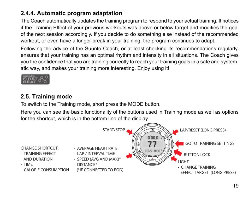 Automatic program adaptation, Training mode | SUUNTO t4 User Manual | Page 21 / 56