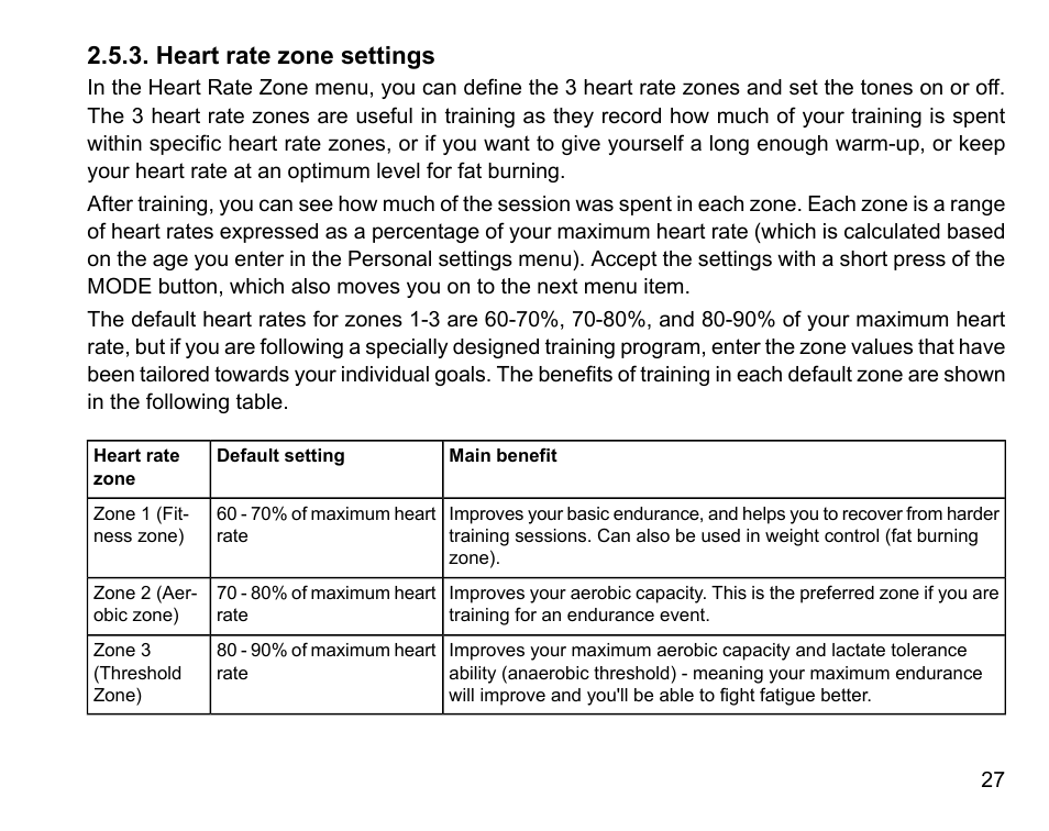 Heart rate zone settings | SUUNTO t4 User Manual | Page 29 / 56