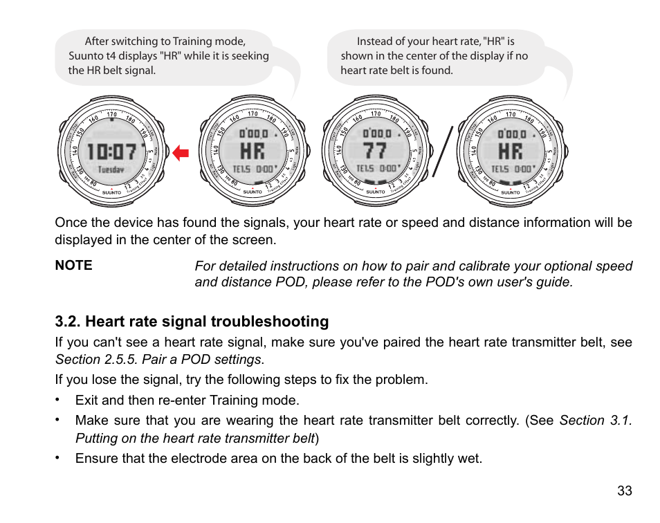 Heart rate signal troubleshooting | SUUNTO t4 User Manual | Page 35 / 56