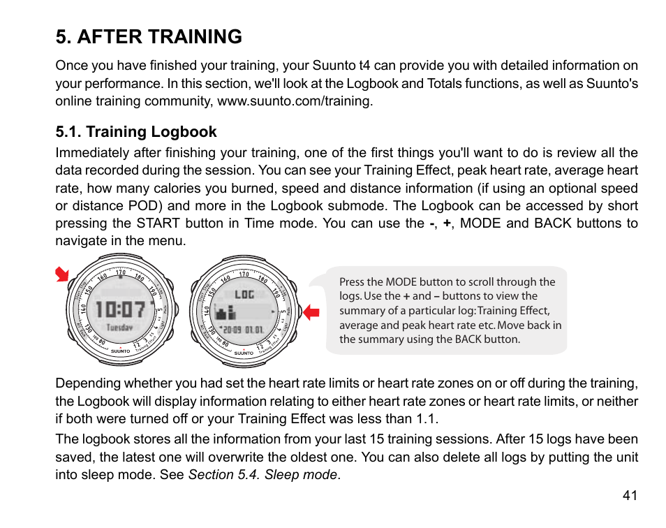 After training, Training logbook | SUUNTO t4 User Manual | Page 43 / 56