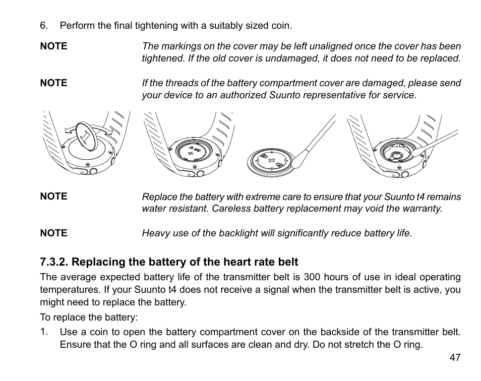 Replacing the battery of the heart rate belt | SUUNTO t4 User Manual | Page 49 / 56