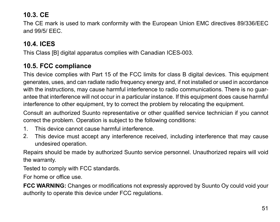 Ices, Fcc compliance, 51 10.4. ices | 51 10.5. fcc compliance | SUUNTO t4 User Manual | Page 53 / 56