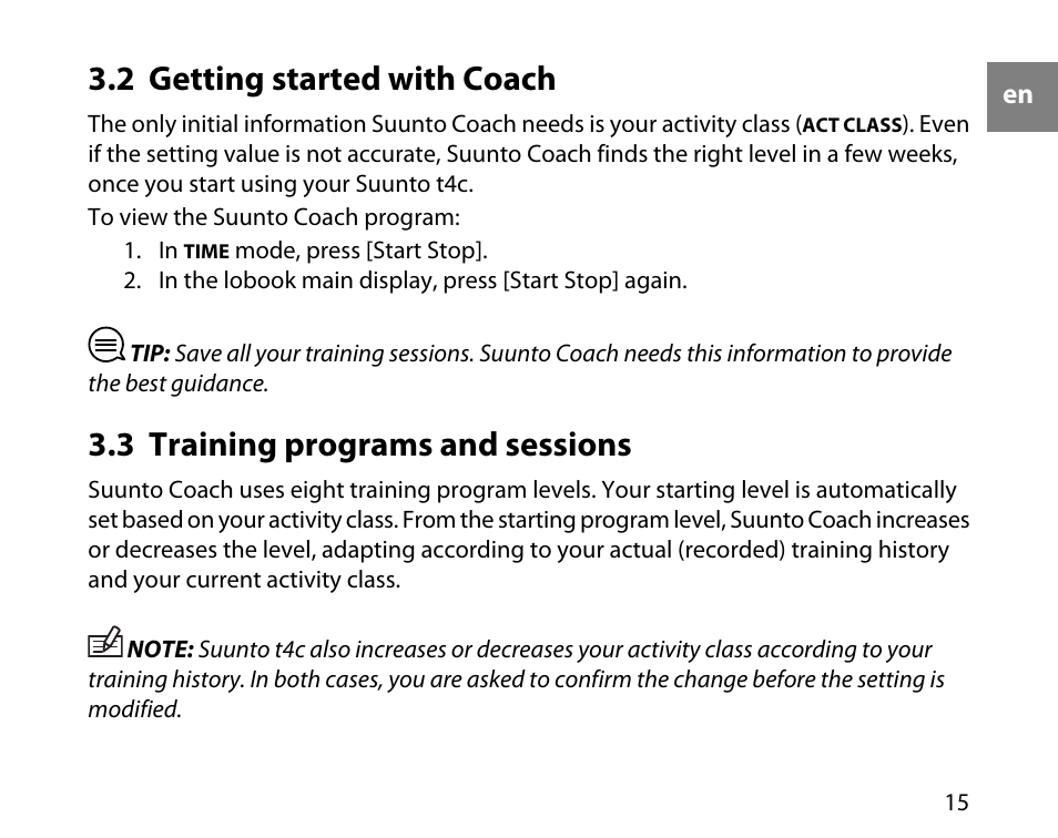 2 getting started with coach, 3 training programs and sessions, 15 3.3 training programs and sessions | SUUNTO T4C User Guide User Manual | Page 16 / 54