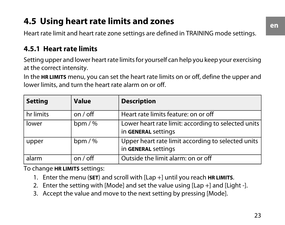 5 using heart rate limits and zones, 1 heart rate limits | SUUNTO T4C User Guide User Manual | Page 24 / 54