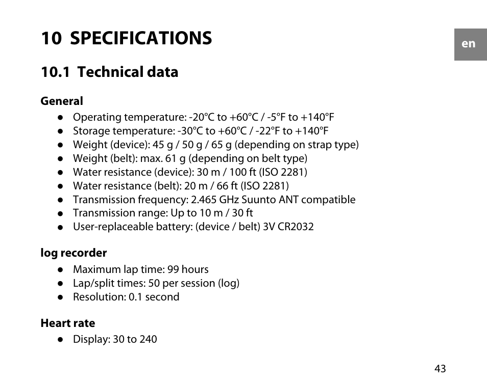 10 specifications, 1 technical data | SUUNTO T4C User Guide User Manual | Page 44 / 54