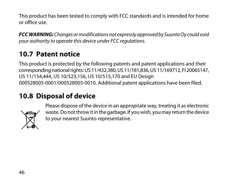 7 patent notice, 8 disposal of device, 46 10.8 disposal of device | SUUNTO T4C User Guide User Manual | Page 47 / 54