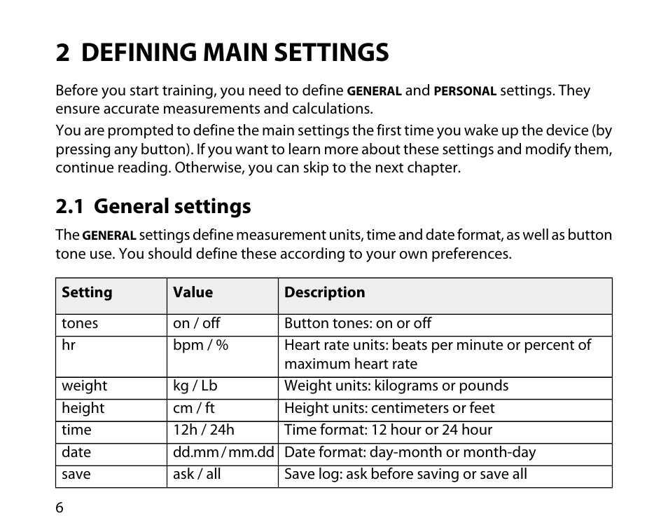 2 defining main settings, 1 general settings | SUUNTO T4C User Guide User Manual | Page 7 / 54