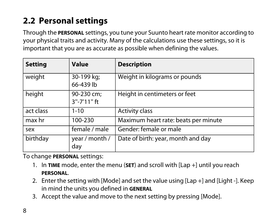2 personal settings | SUUNTO T4C User Guide User Manual | Page 9 / 54