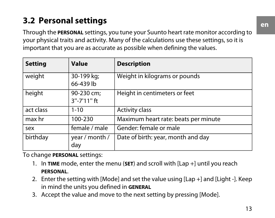 2 personal settings | SUUNTO t4d User Manual | Page 14 / 58