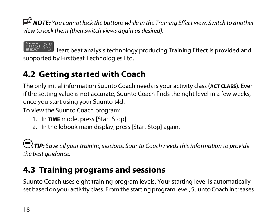 2 getting started with coach, 3 training programs and sessions, 18 4.3 training programs and sessions | SUUNTO t4d User Manual | Page 19 / 58