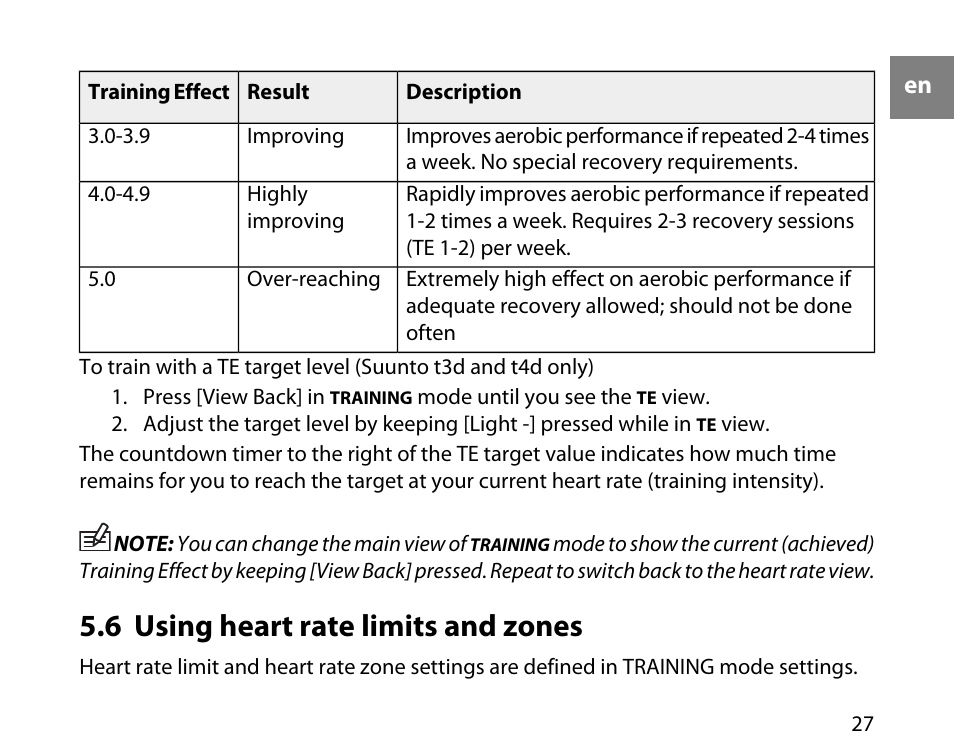 6 using heart rate limits and zones | SUUNTO t4d User Manual | Page 28 / 58