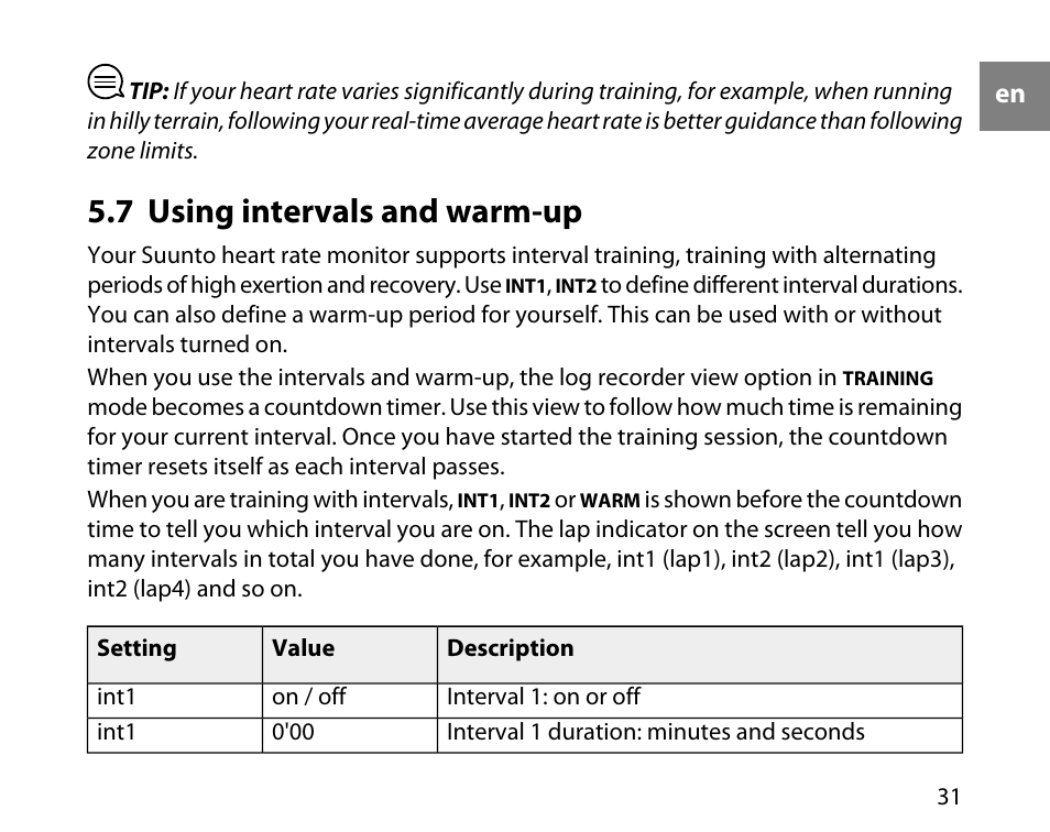 7 using intervals and warm-up | SUUNTO t4d User Manual | Page 32 / 58