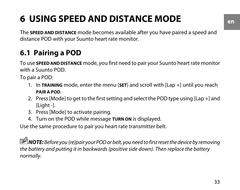 6 using speed and distance mode, 1 pairing a pod | SUUNTO t4d User Manual | Page 34 / 58