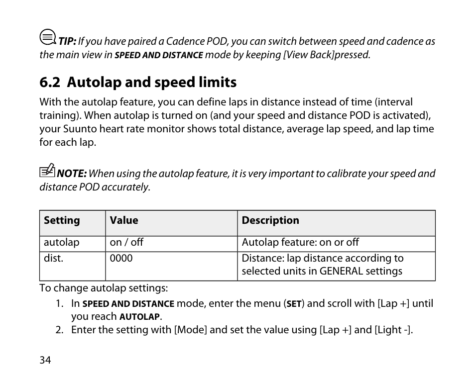 2 autolap and speed limits | SUUNTO t4d User Manual | Page 35 / 58