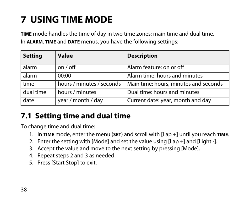 7 using time mode, 1 setting time and dual time | SUUNTO t4d User Manual | Page 39 / 58