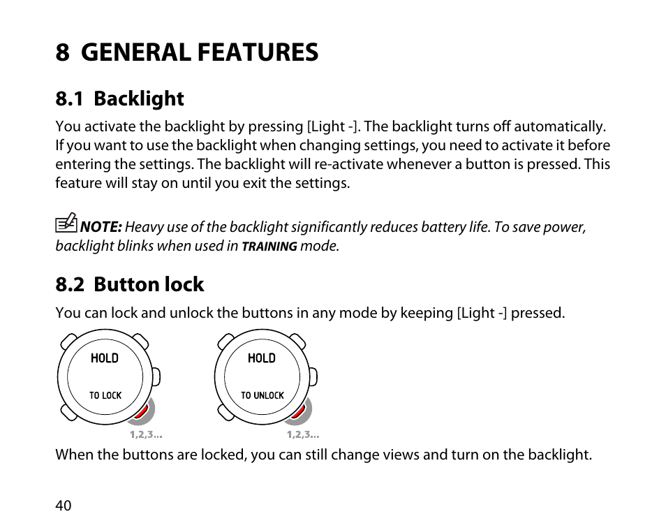 8 general features, 1 backlight, 2 button lock | 40 8.2 button lock | SUUNTO t4d User Manual | Page 41 / 58