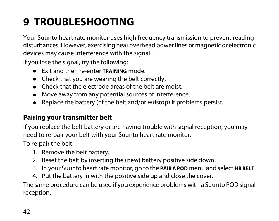 9 troubleshooting, Pairing your transmitter belt | SUUNTO t4d User Manual | Page 43 / 58